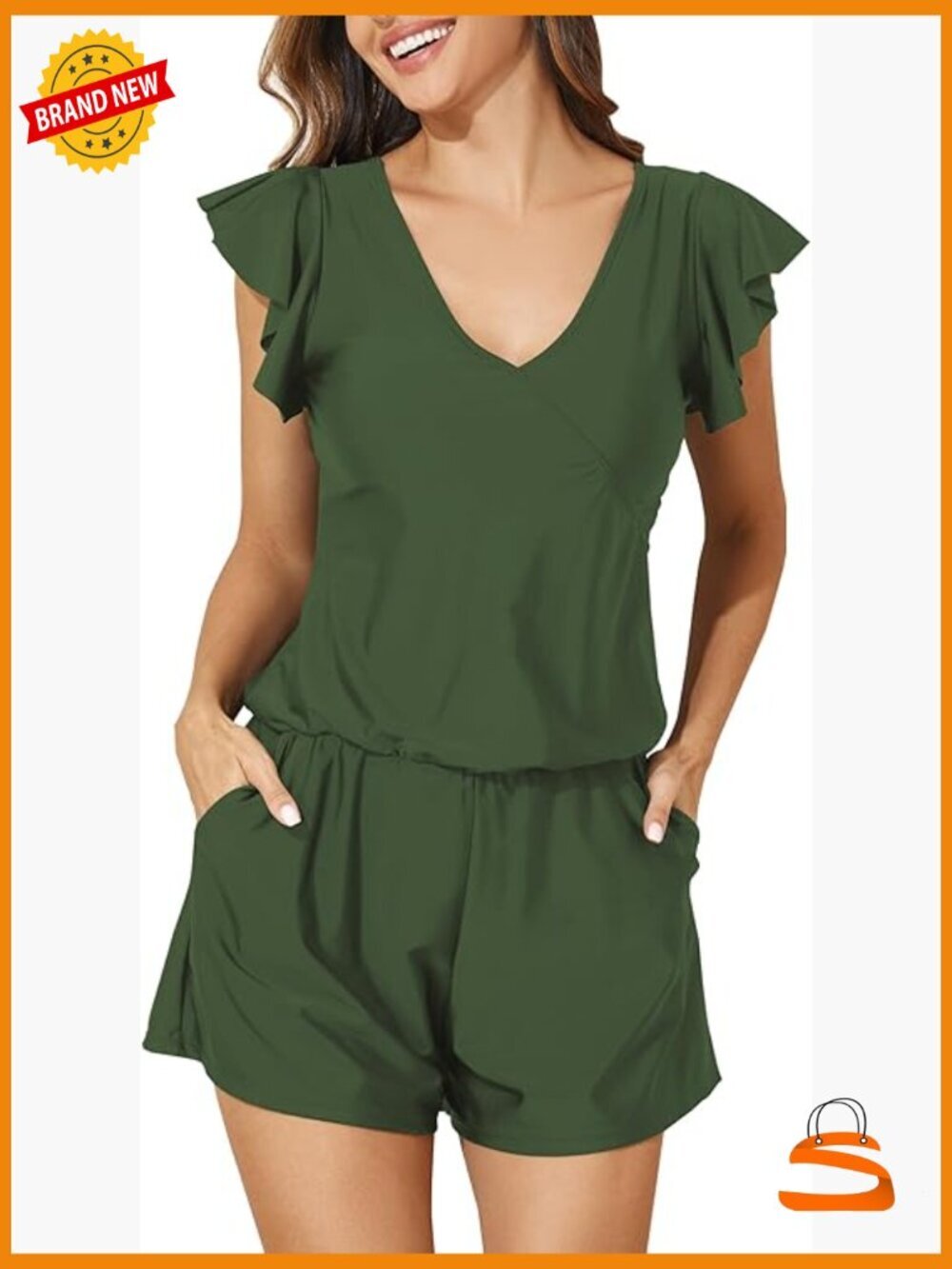 One Piece Swim Romper with Built-in Bra and Pockets Modest Full Coverage